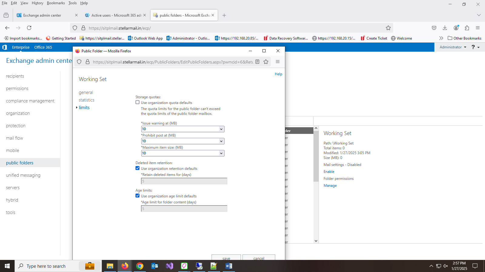 Step 4 – Click on limits tab and uncheck Use the organization quota defaults checkbox. Then set the size limit it any desired value (in MB) or unlimited and click on Save